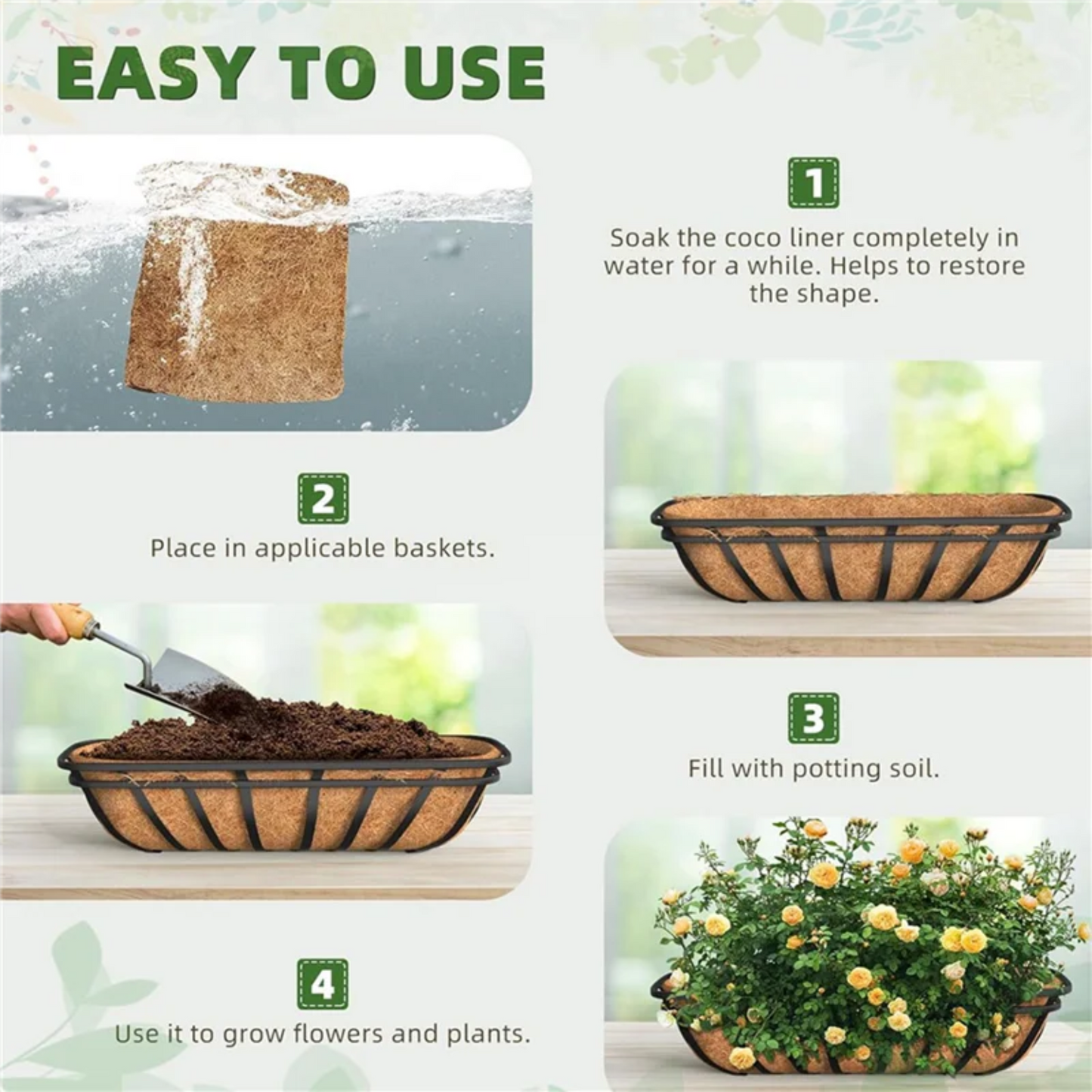 ABRS-30 Inch 6 Pack Trough Liners, Coconut Coir Fiber For Wall Basket Planters, Window Box Liners, Garden Planter Baskets