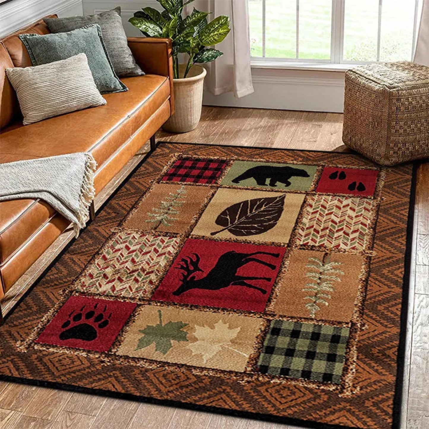 Buffalo Bear Rustic Rug Large Area Non-Slip Carpet Bear Elk Deer Wildlife Carpet Living Room Entrance Door Mats Indoor Foot Mat