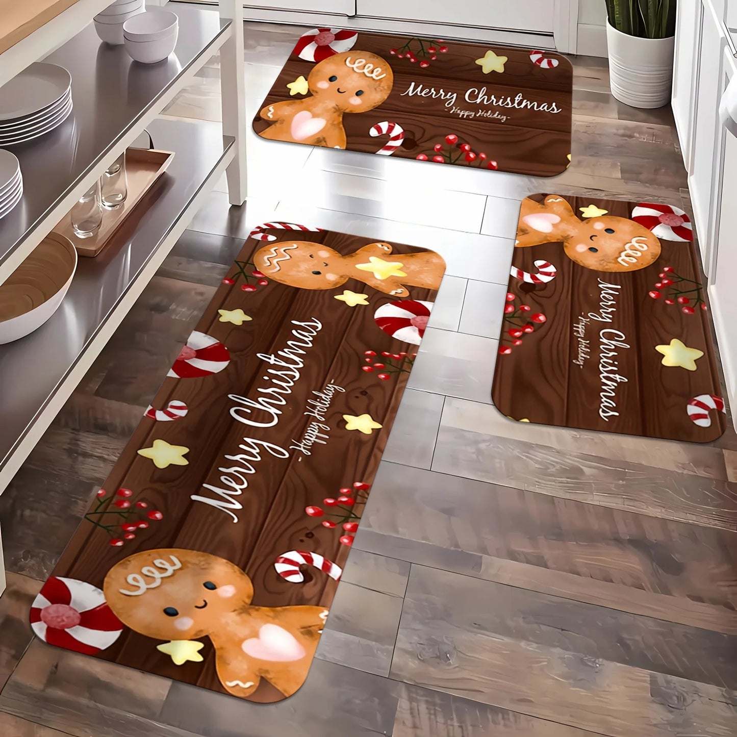 Christmas Gingerbread Man Kitchen Floor Mat Decor Kitchen Hallway Balcony Rugs Bedroom Non-slip Doormat Xmas Decorations