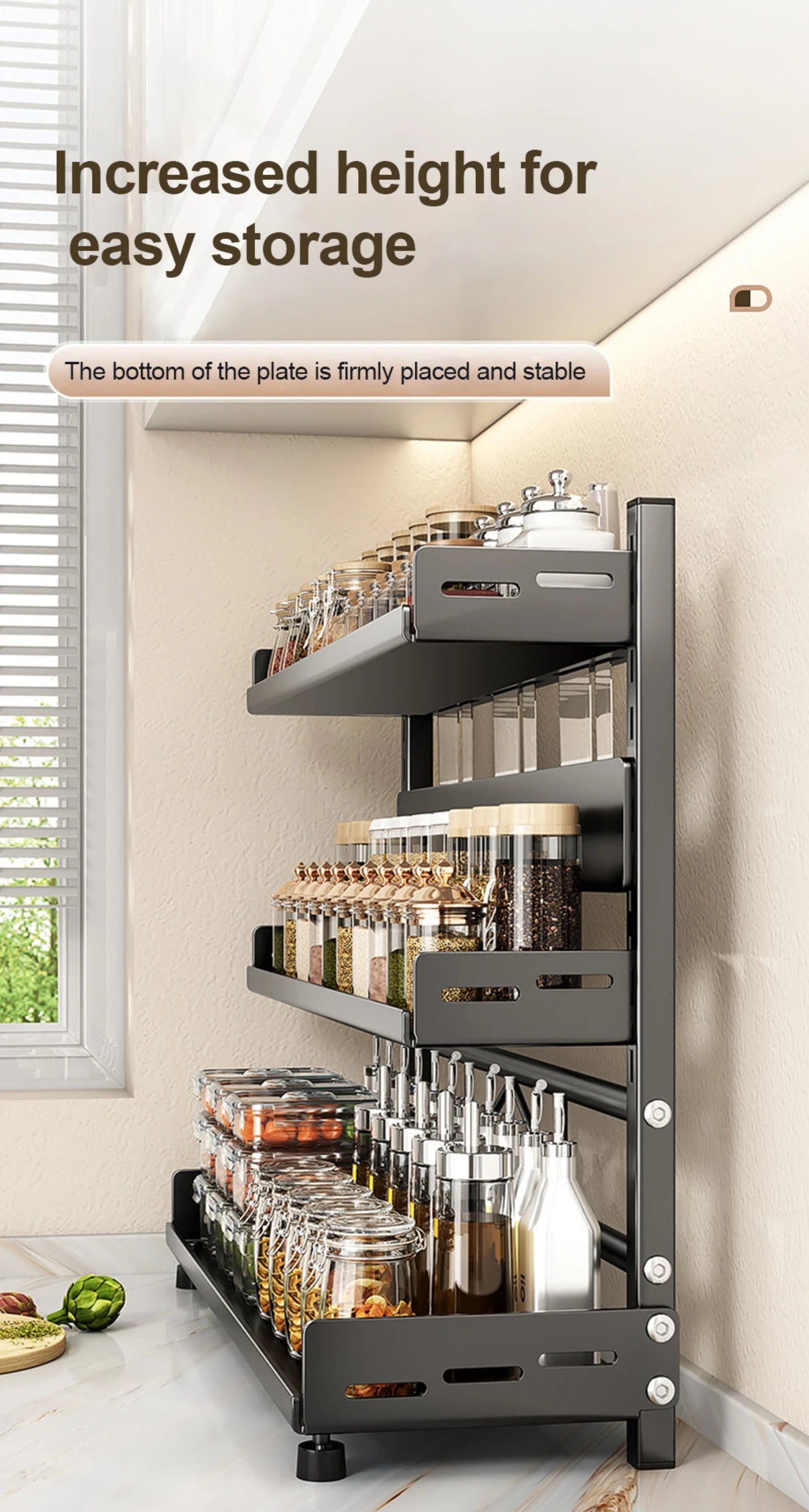 3 Tier Spice Storage Rack for Countertop Adjustable Spice Organization for Cabinet Kitchen Organizer Metal Shelf Black