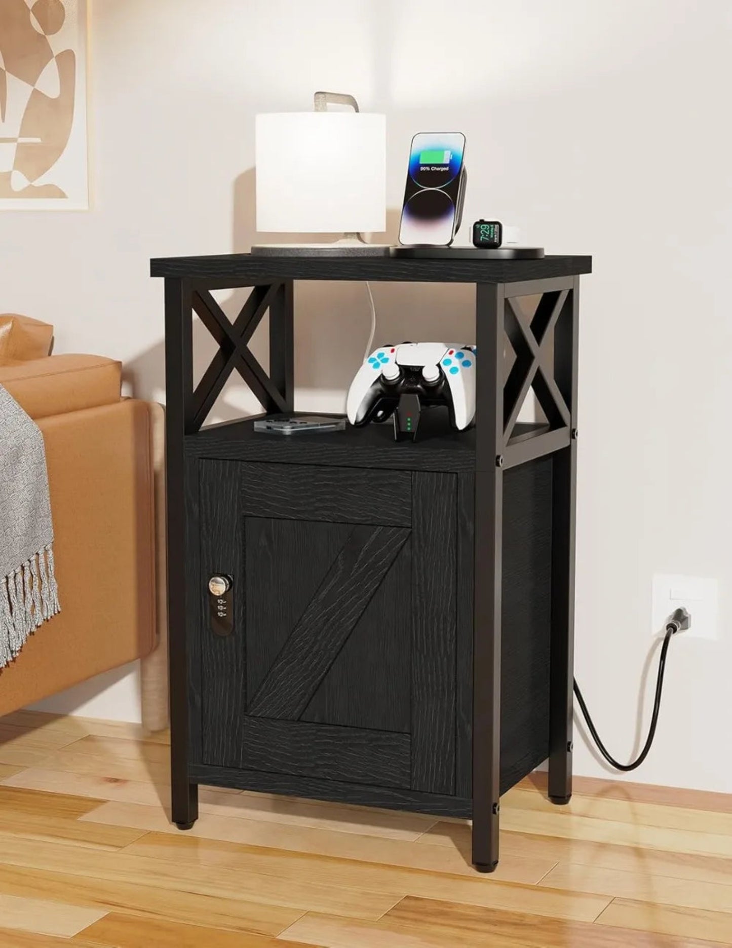 Wooden Nightstand with Charging Station, Bed Side Table with Drawers, Bedside Table with Lock, 3 USB & 2 Outlets, Night Stand