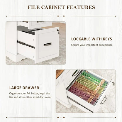 Farmhouse L Shaped Desk with Drawers, 67 Inch Executive Home Office Desk with File Cabinet, Computer Corner Desk with Charging