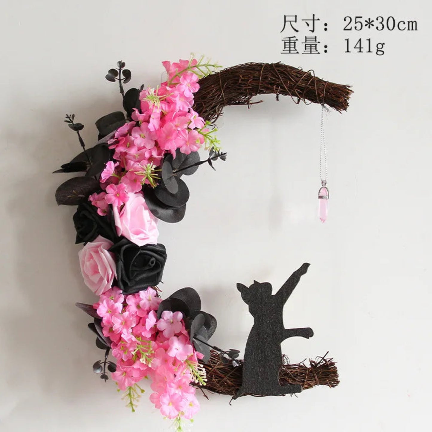Halloween Moon Cat Flower Wreath Door Hanging Decorations Simulate Black Rose Rattan Circle Atmosphere Decorations Wall Garland