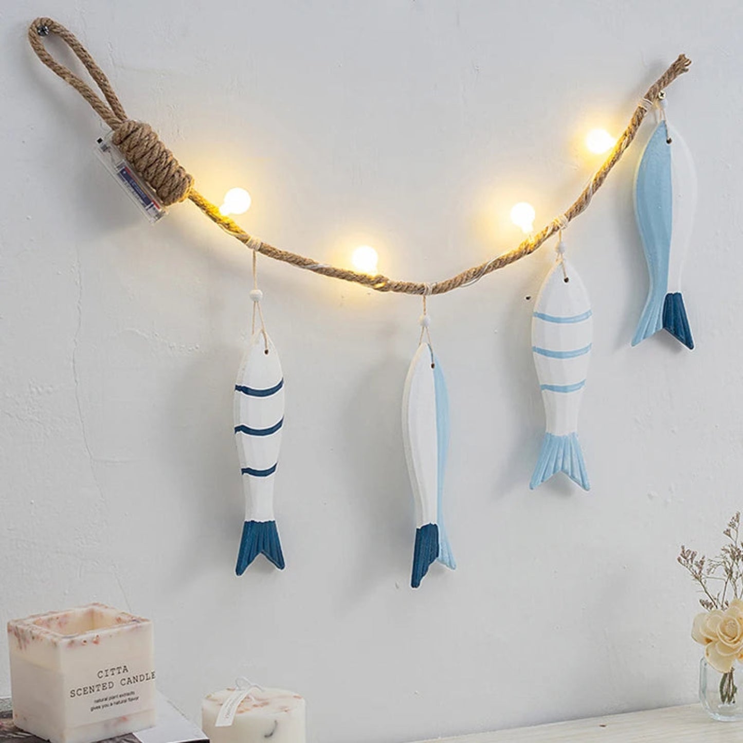 Mediterranean Fish Wall Hanging Pendant LED Light Fish String Ornament Home Bedroom Café Bar Decoration Ocean Nautical Theme