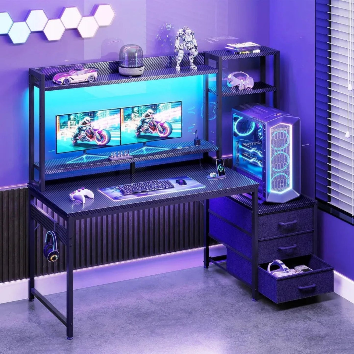 Gaming Desk with Hutch & Fabric Drawers, Computer Desk with USB Ports & LED Lights, Reversible Pc Gamer Table with Monitor Stand