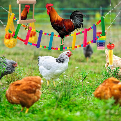 Chewing Foraging Toys Chicken Toys Set Parrot Playing Training Toys with Wooden Swing Fruit Vegetable Hanging Feeder Bell Toys