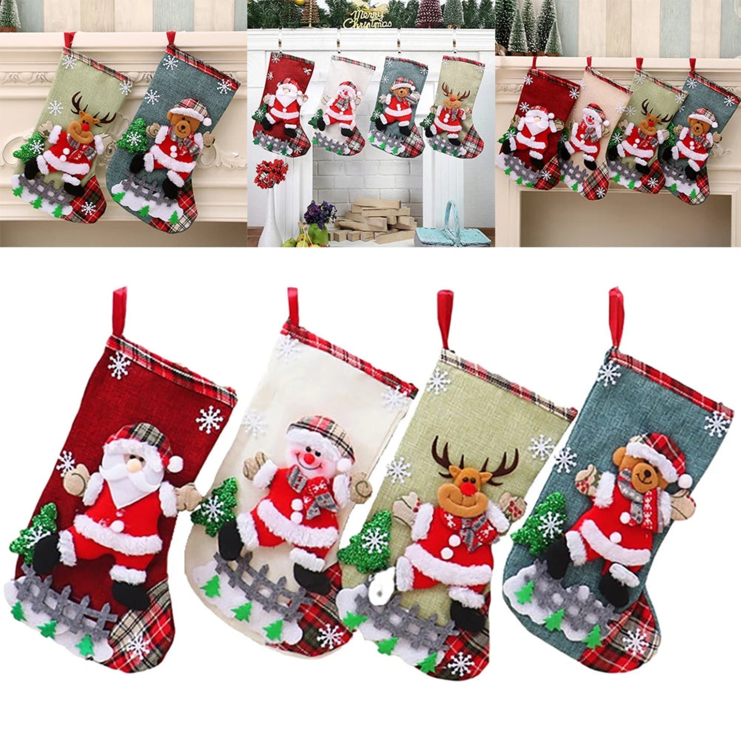 4Pcs Christmas Stockings Set Large Capacity Cute Stockings Bag Plush Santa Claus/Snowman/Bear/Elk for Xmas Tree Fireplace