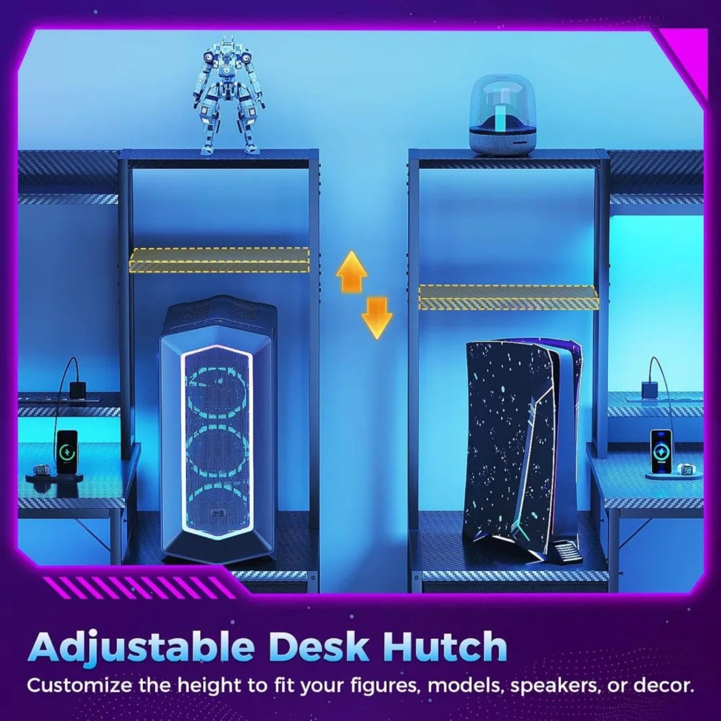 Gaming Desk with Hutch & Fabric Drawers, Computer Desk with USB Ports & LED Lights, Reversible Pc Gamer Table with Monitor Stand