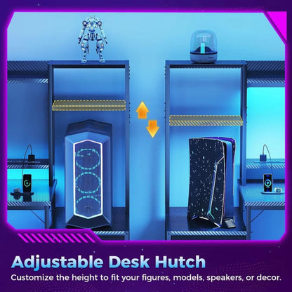 Gaming Desk with Hutch & Fabric Drawers, Computer Desk with USB Ports & LED Lights, Reversible Pc Gamer Table with Monitor Stand