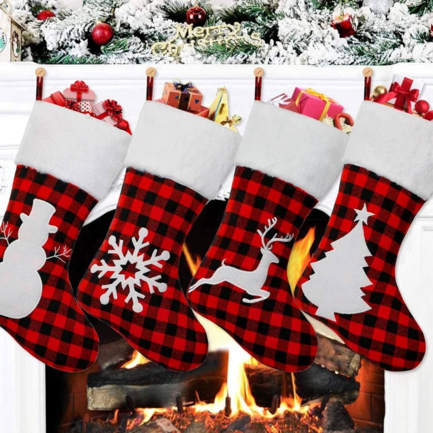 Christmas Stocking 17 Inch Large Buffalo Plaid, Faux Fur Cuff, Fireplace Hanging Sock, Perfect for Holiday Party Decorations