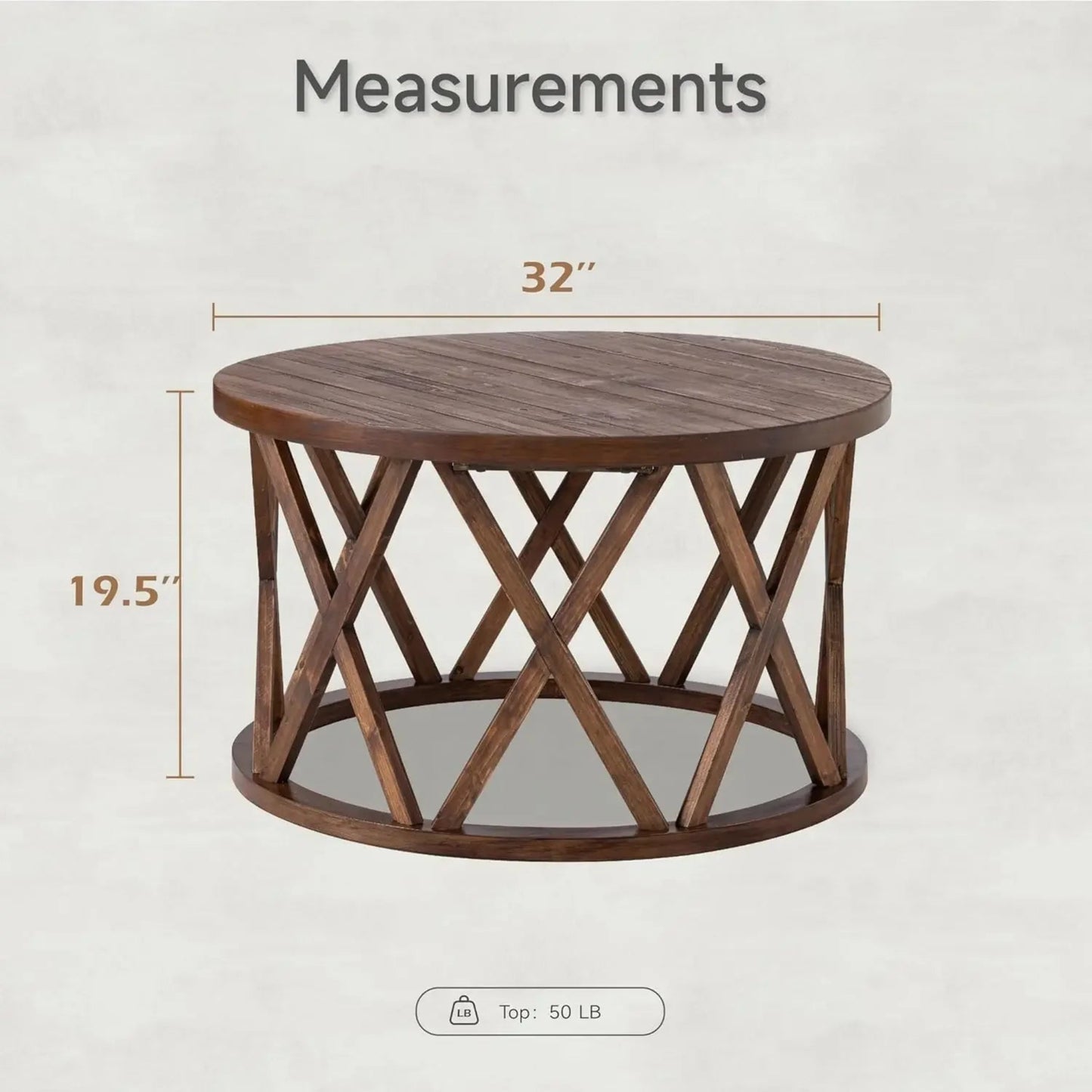 Wood Textured Top, for Boho, French Country Decor, Brown Rustic Farmhouse Coffee Table, Round Coffee Table with X-Motifs Legs