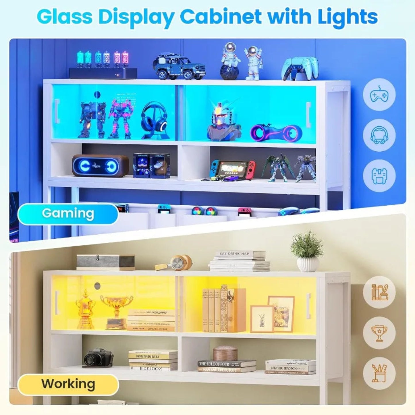 L Shaped Gaming Desk for Home Office Setup with Dual Drawers and Bookshelf Corner Computer Desk Featuring LED Lighting Glass Di