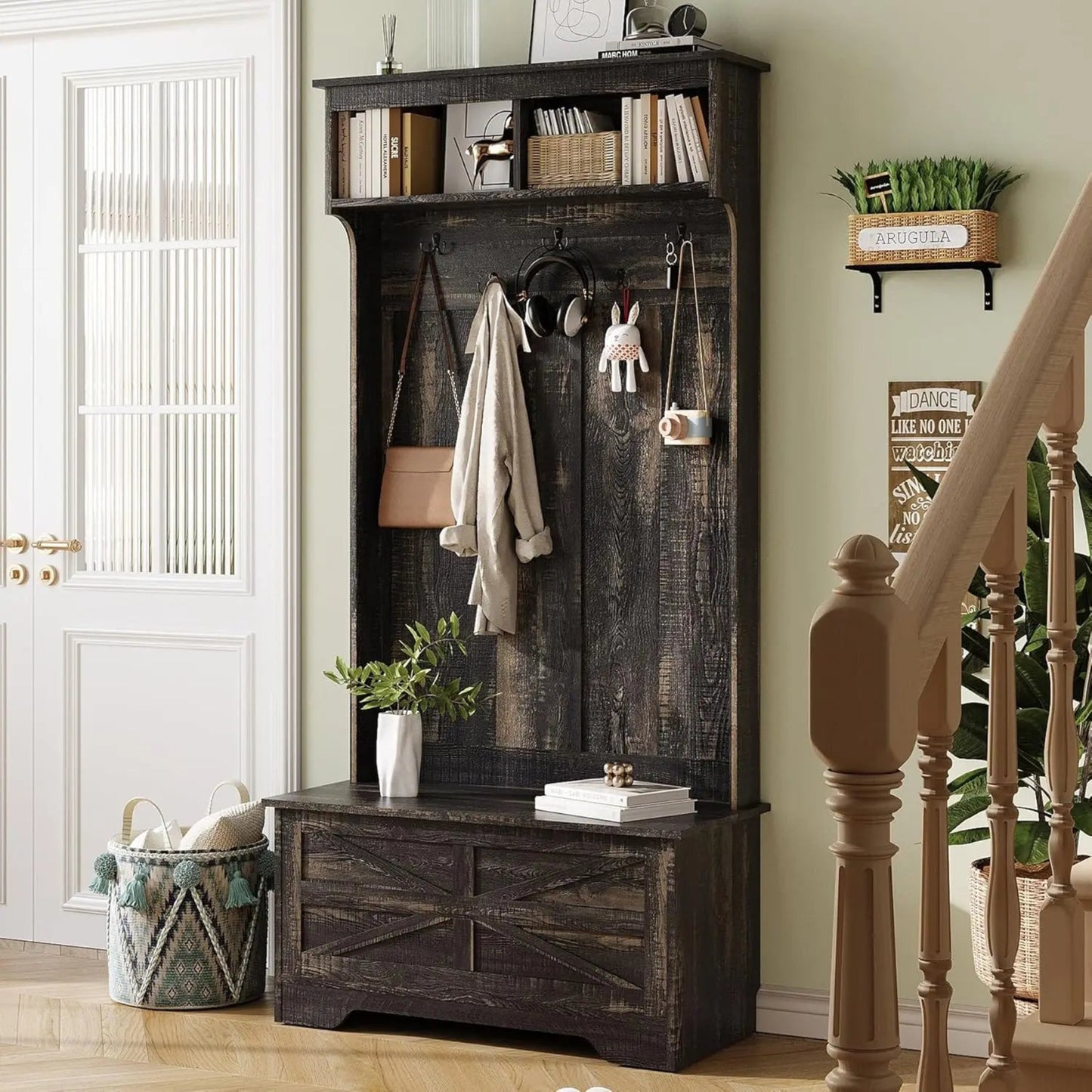 2025New-71" Entryway Small Hall Tree with Bench, 4-in-1 Coat Rack with Flip-top Door Storage Cabinet, Mud Room Bench with Storag