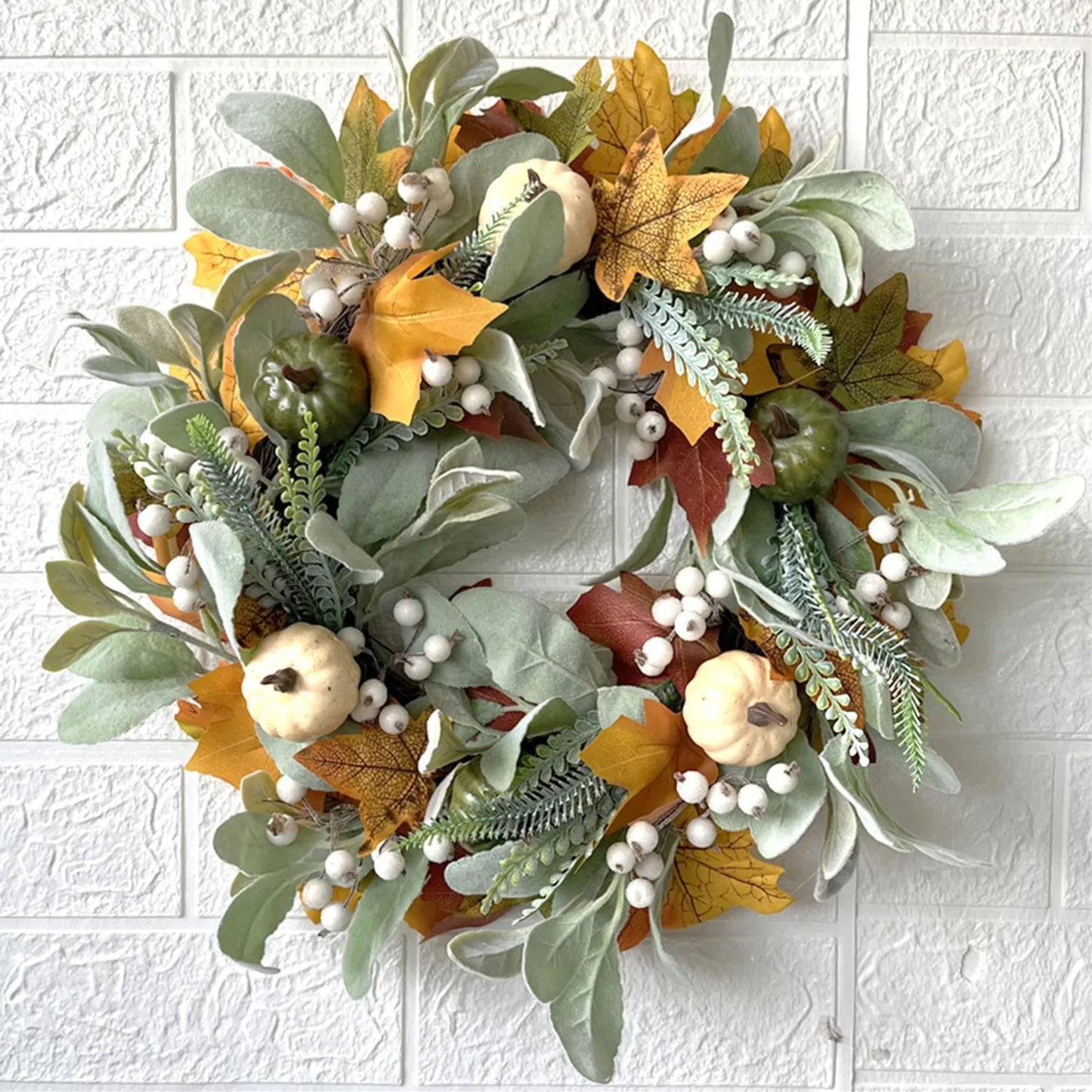 Autumn Wreath Artificial Maple Leaf White Pumpkin Door Wreath Fall Garland For Halloween Thanksgiving Hanging Ornaments