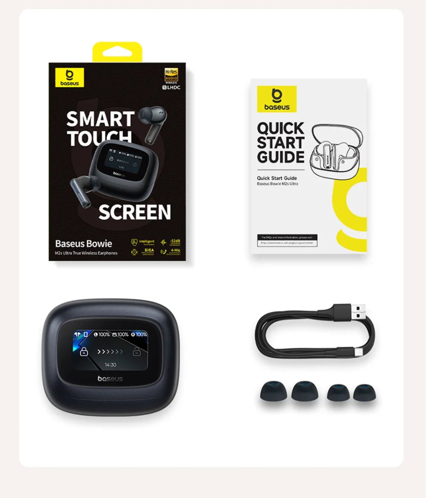 Baseus Bowie M2s Ultra Wireless Earphones Smart Screen 52dB Noise Cancelling Bluetooth 5.4 Headphones 3D Audio Spatial Earbuds