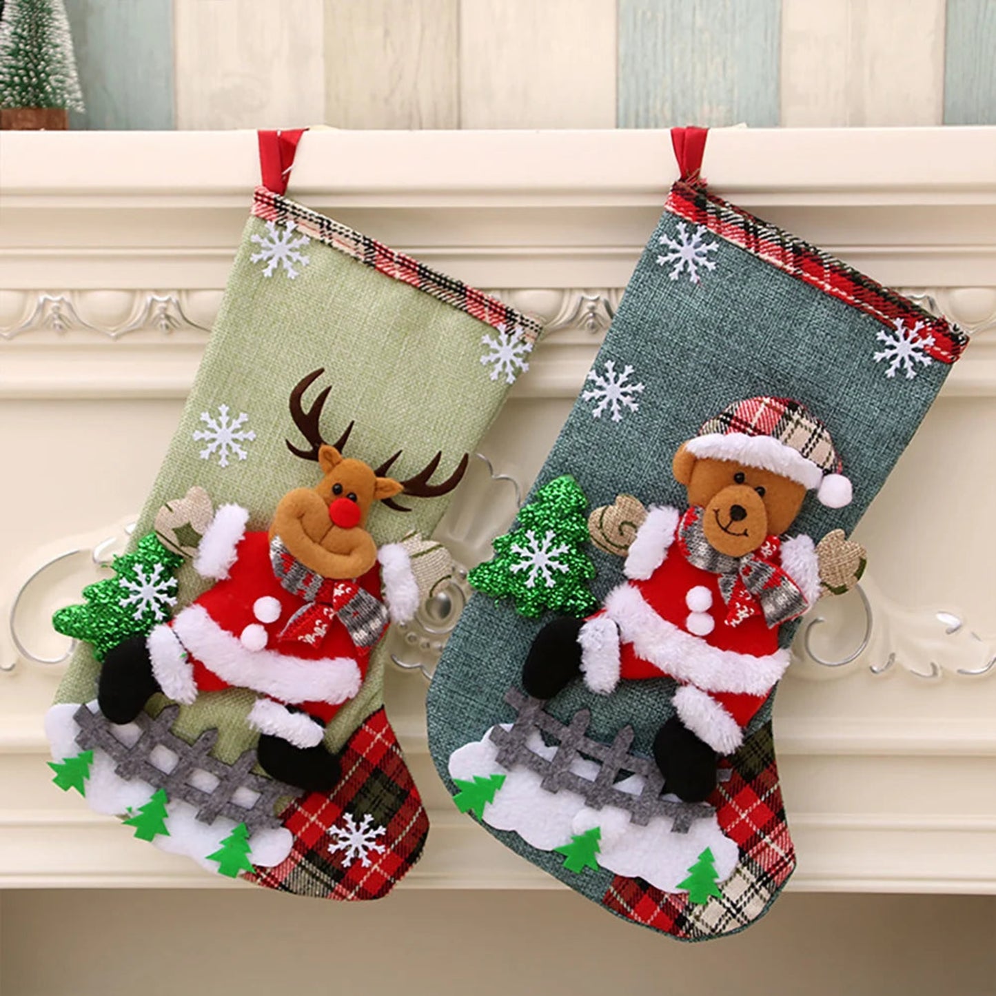 4Pcs Christmas Stockings Set Large Capacity Cute Stockings Bag Plush Santa Claus/Snowman/Bear/Elk for Xmas Tree Fireplace