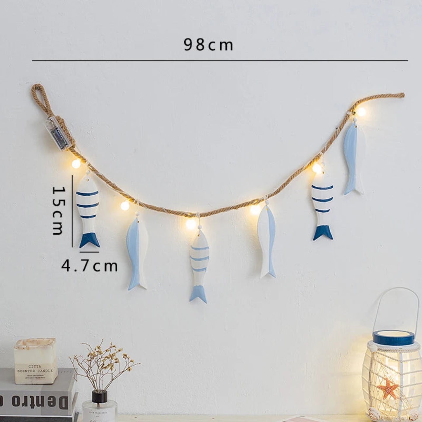 Mediterranean Fish Wall Hanging Pendant LED Light Fish String Ornament Home Bedroom Café Bar Decoration Ocean Nautical Theme
