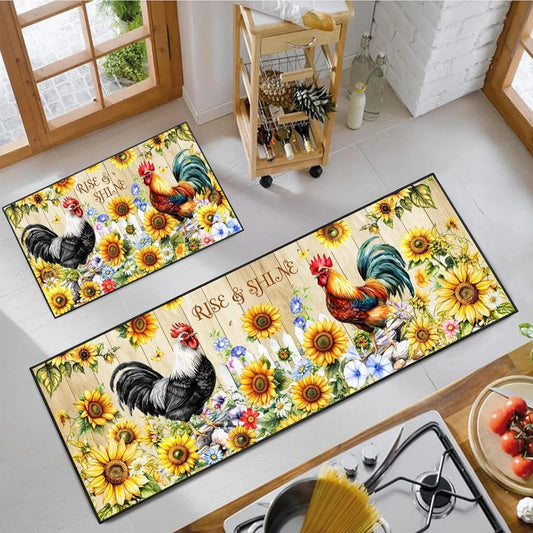 Farmhouse Rooster Kitchen Rugs Non-Slip Farm Rooster Kitchen Mats Rustic Home Decor Low Profile Washable Floor Mat