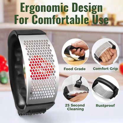 Garlic Press Rocker Stainless Steel Garlic Mincer Garlic Crusher Easy-Squeeze Tool with Peeler and Cleaning Brush for Smashing