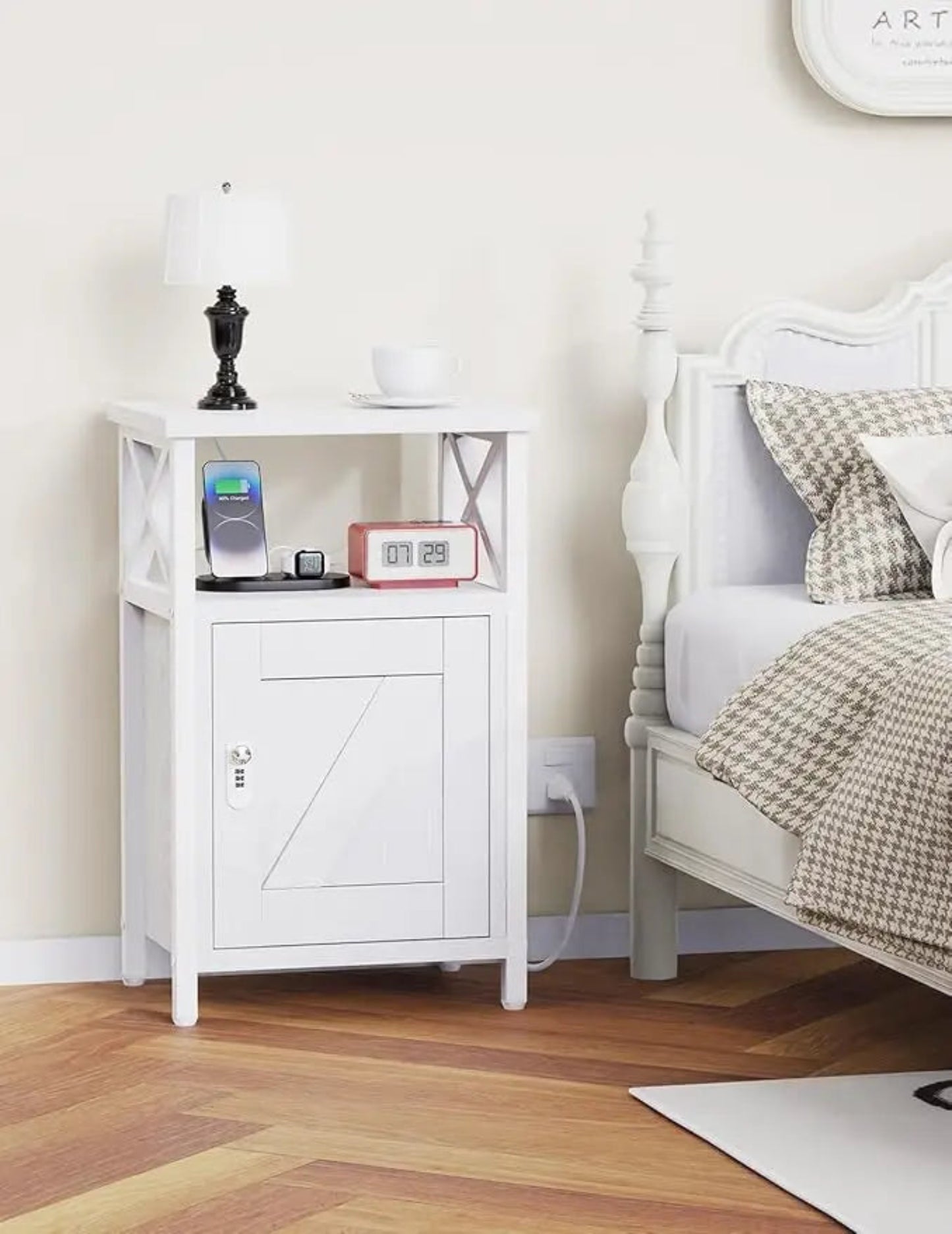 Wooden Nightstand with Charging Station, Bed Side Table with Drawers, Bedside Table with Lock, 3 USB & 2 Outlets, Night Stand