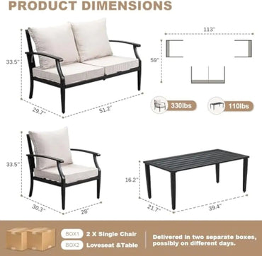 4-Piece Patio Furniture Set, Wider Outdoor Metal Seating Sofa with High Back & Loveseat, Coffee Table, All Weather Metal Convers