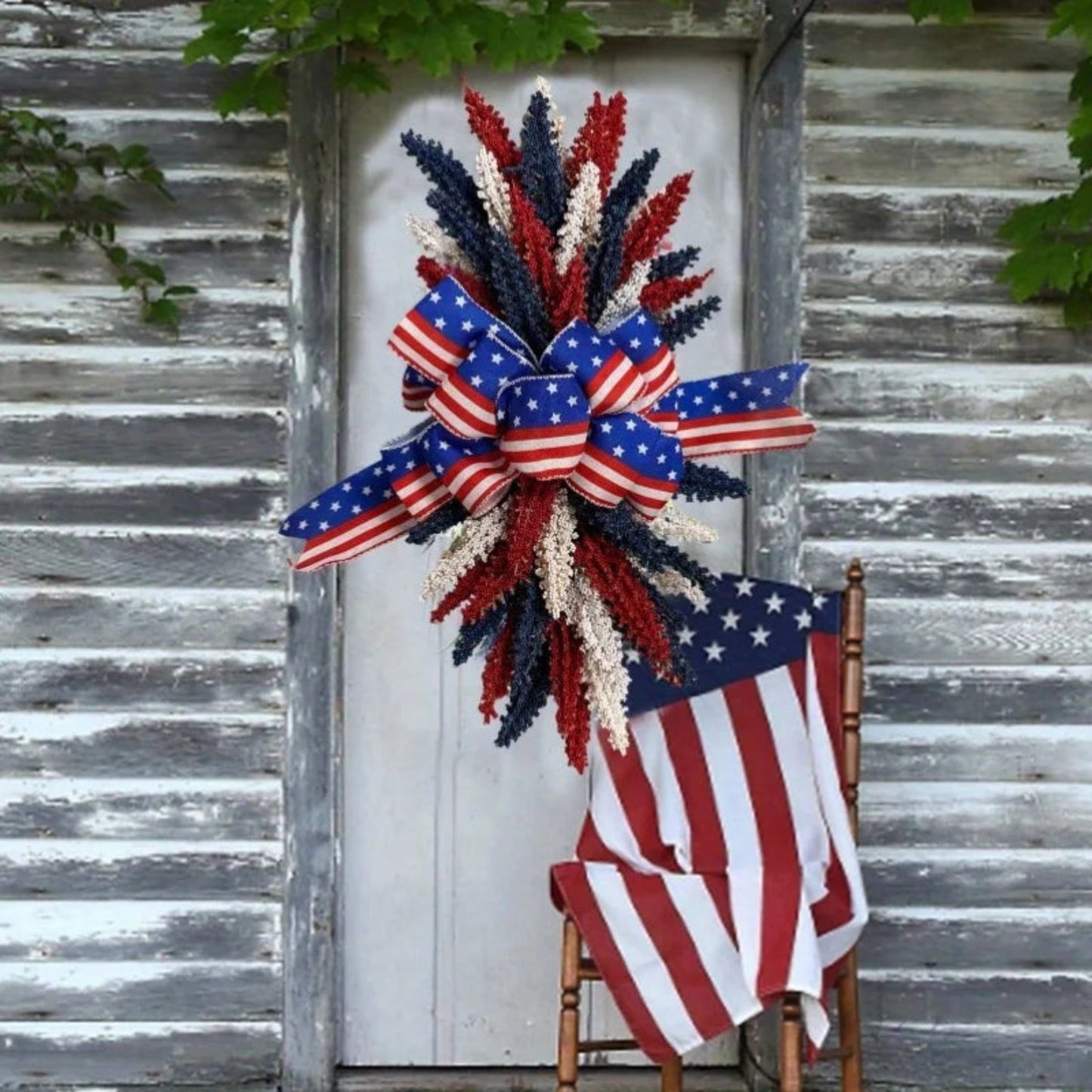 Patriotic Wreath for Front Door 4th of July Wreath White Independence Day Blue Red Wreath for Memorial Independence Day