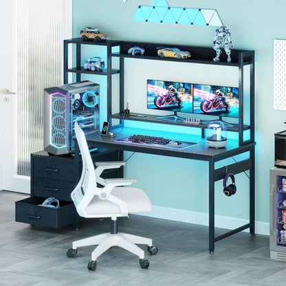 Gaming Desk with Hutch & Fabric Drawers, Computer Desk with USB Ports & LED Lights, Reversible Pc Gamer Table with Monitor Stand