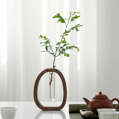 1 Piece Walnut Wooden Flower Vase Simple Glass Plant Vase Mini Aquarium Vase Flower Arrangement Home Decoration