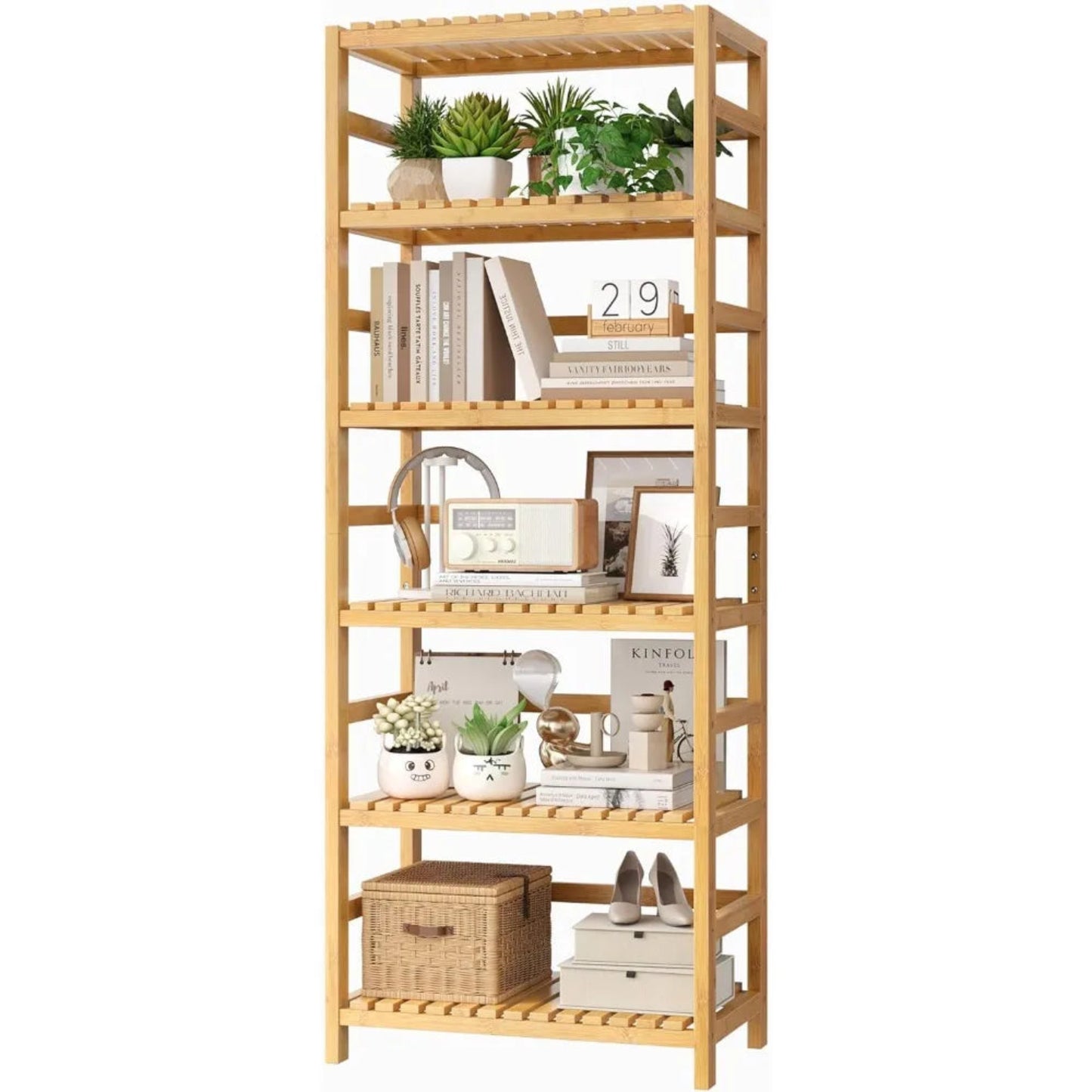 6-Tier Bamboo Shelf, Bamboo Bookcase with Adjustable Shelves, Free Standing Storage Shelf Unit, Plant Flower Stand for K