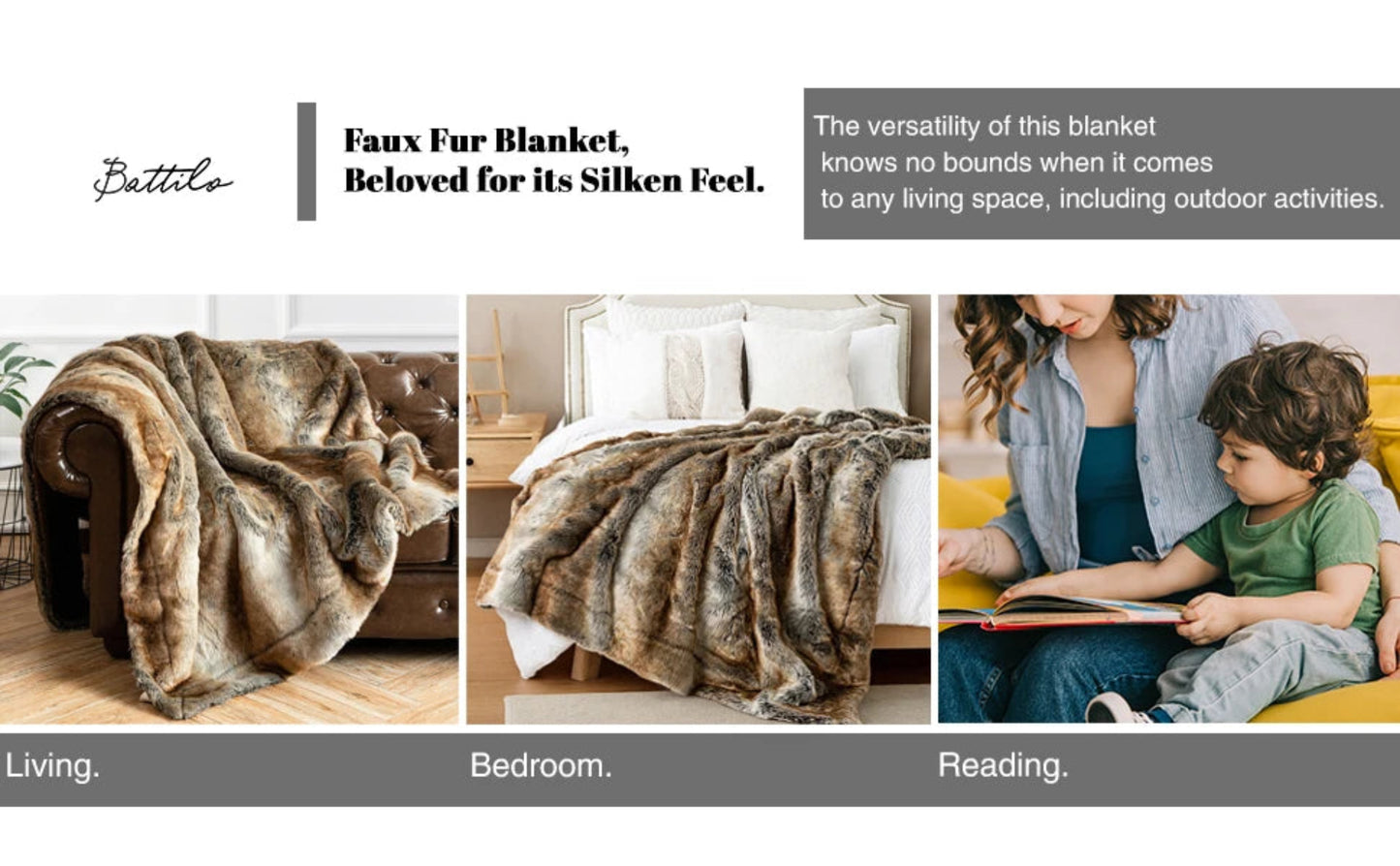 Battilo Faux Fur Blanket Luxury Fluffy Plaid Throw Blanket Winter Thick Warm Sofa Blanket Plush Fur Throws for Bed Bedroom Decor