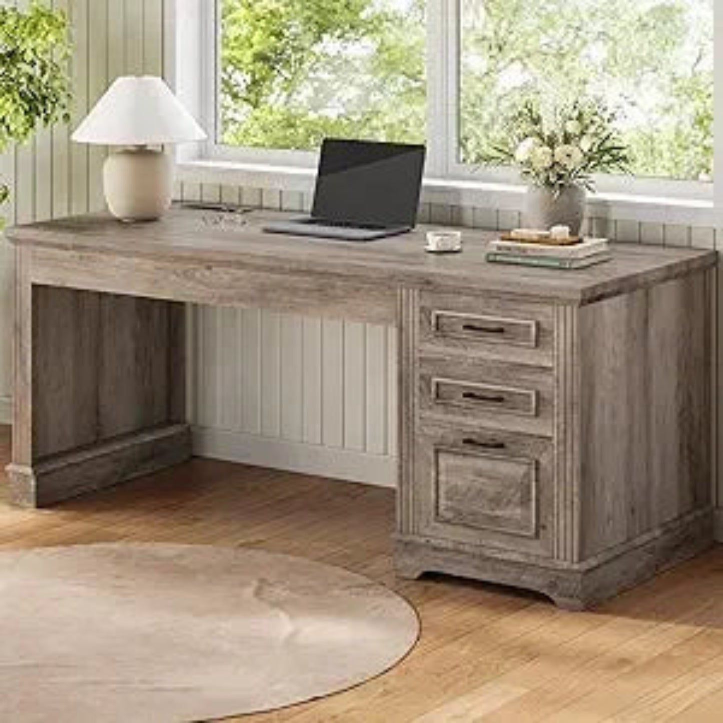 Farmhouse 55" Executive Desk, Computer Desk with Storage Drawers and Power Outlet, Home Office Desk, Workstation for Office Hom
