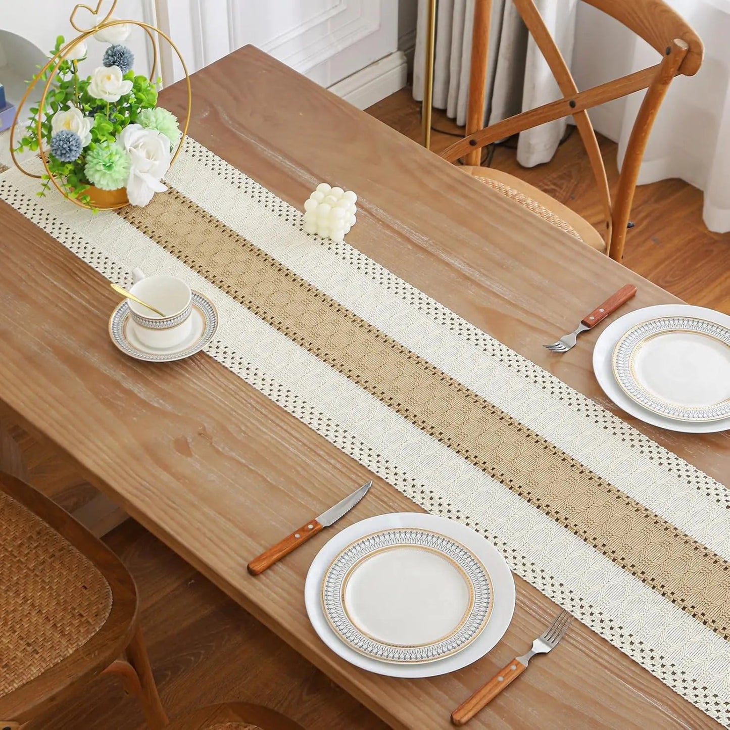 Boho Farmhouse Linen Table Runner with Tassels–Rustic Macrame, Burlap & Cotton Blend for Summer Home Decor and Holiday Events