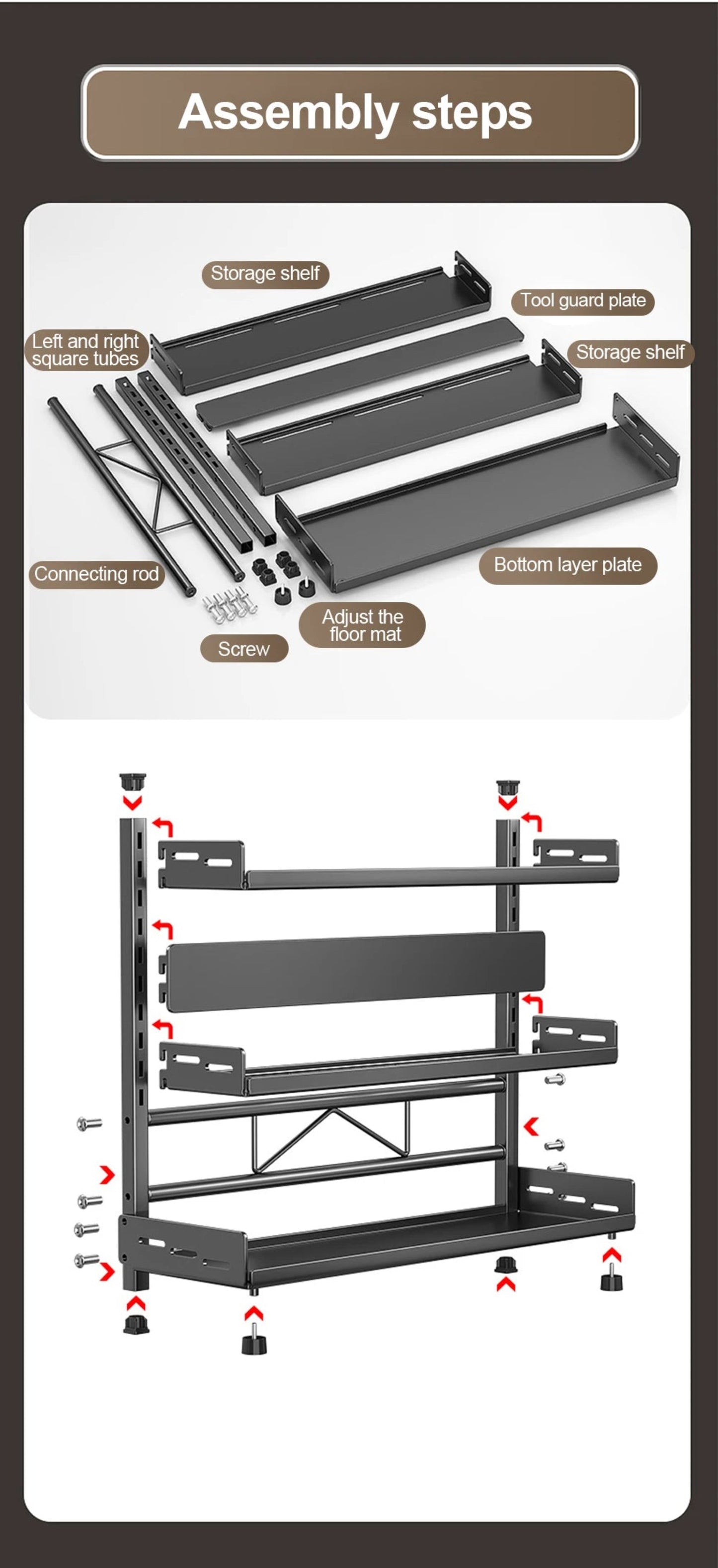 3 Tier Spice Storage Rack for Countertop Adjustable Spice Organization for Cabinet Kitchen Organizer Metal Shelf Black
