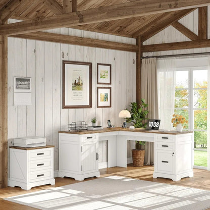 Farmhouse L Shaped Desk with Drawers, 67 Inch Executive Home Office Desk with File Cabinet, Computer Corner Desk with Charging