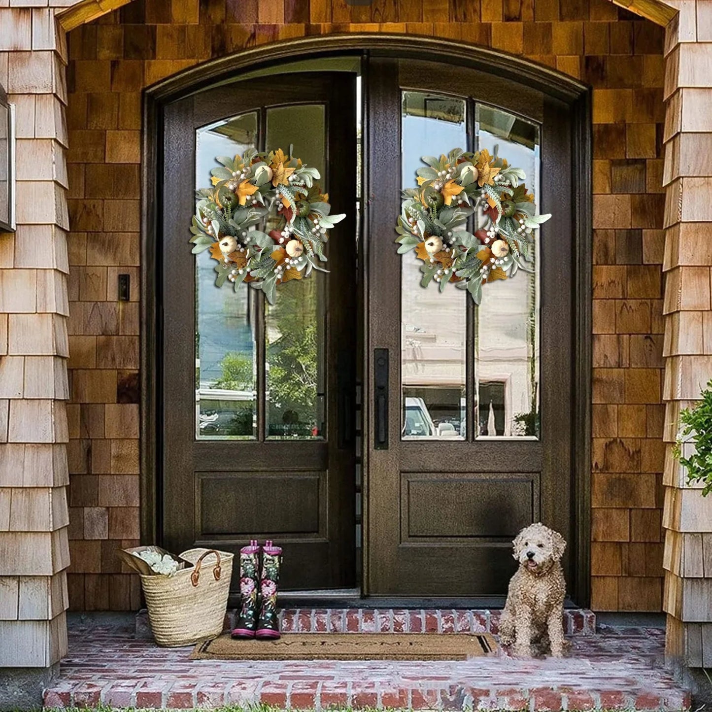 Autumn Wreath Artificial Maple Leaf White Pumpkin Door Wreath Fall Garland For Halloween Thanksgiving Hanging Ornaments