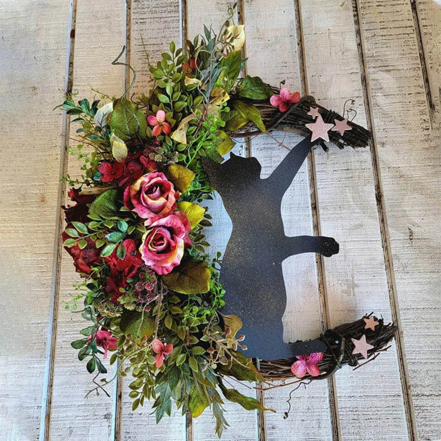 Halloween Moon Cat Flower Wreath Door Hanging Decorations Simulate Black Rose Rattan Circle Atmosphere Decorations Wall Garland