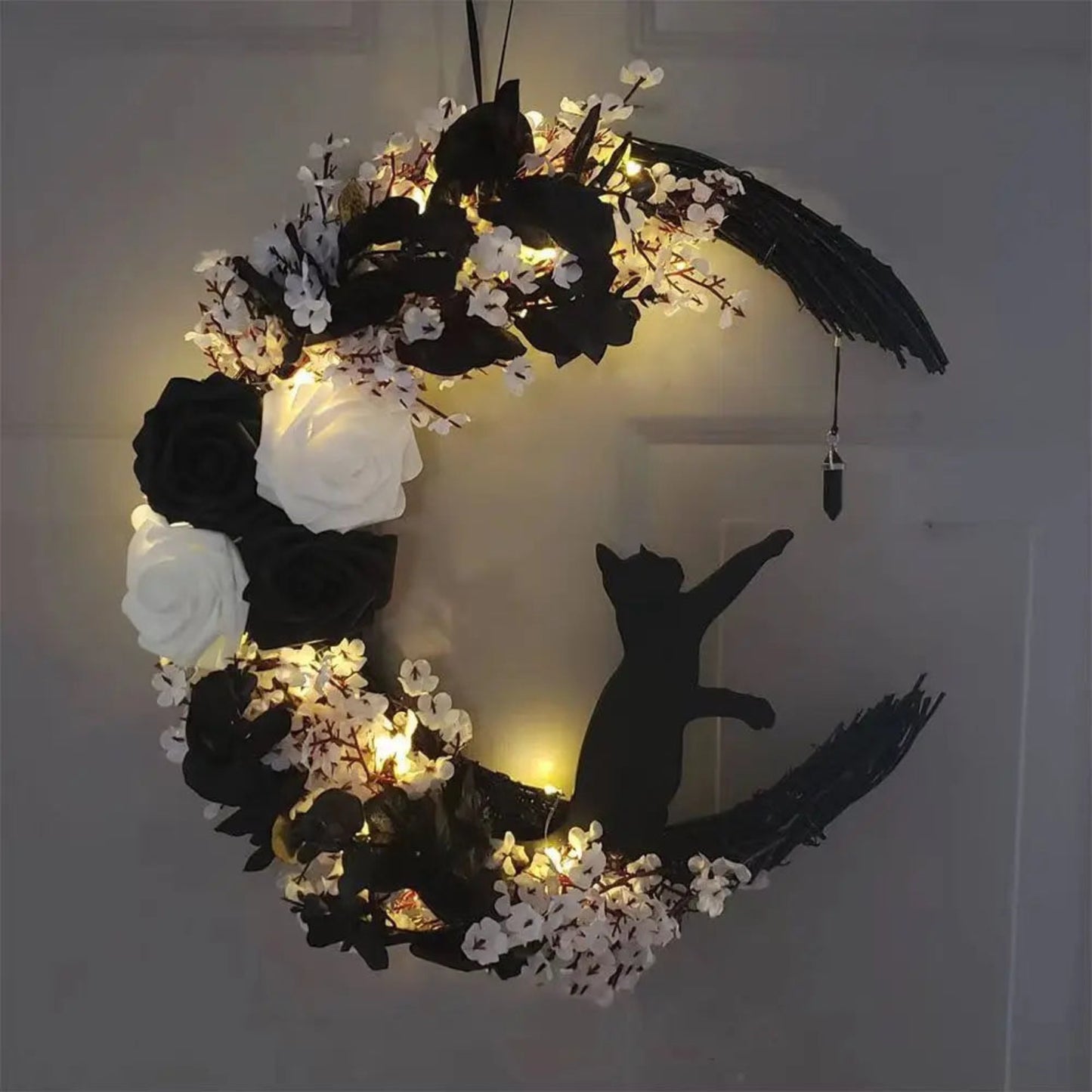 Halloween Moon Cat Flower Wreath Door Hanging Decorations Simulate Black Rose Rattan Circle Atmosphere Decorations Wall Garland
