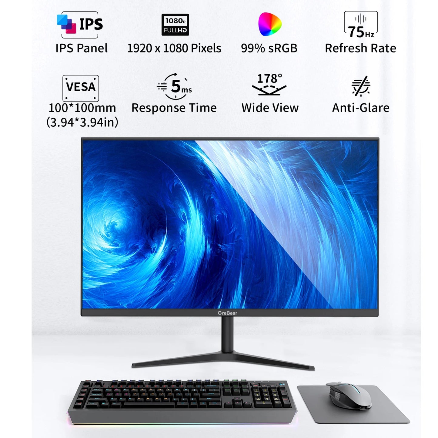 27-inch Computer Monitor IPS Panel PC Monitors FHD 1080p 75Hz LED Display Home Office Desktop Screen, HDMI, VGA, Flicker