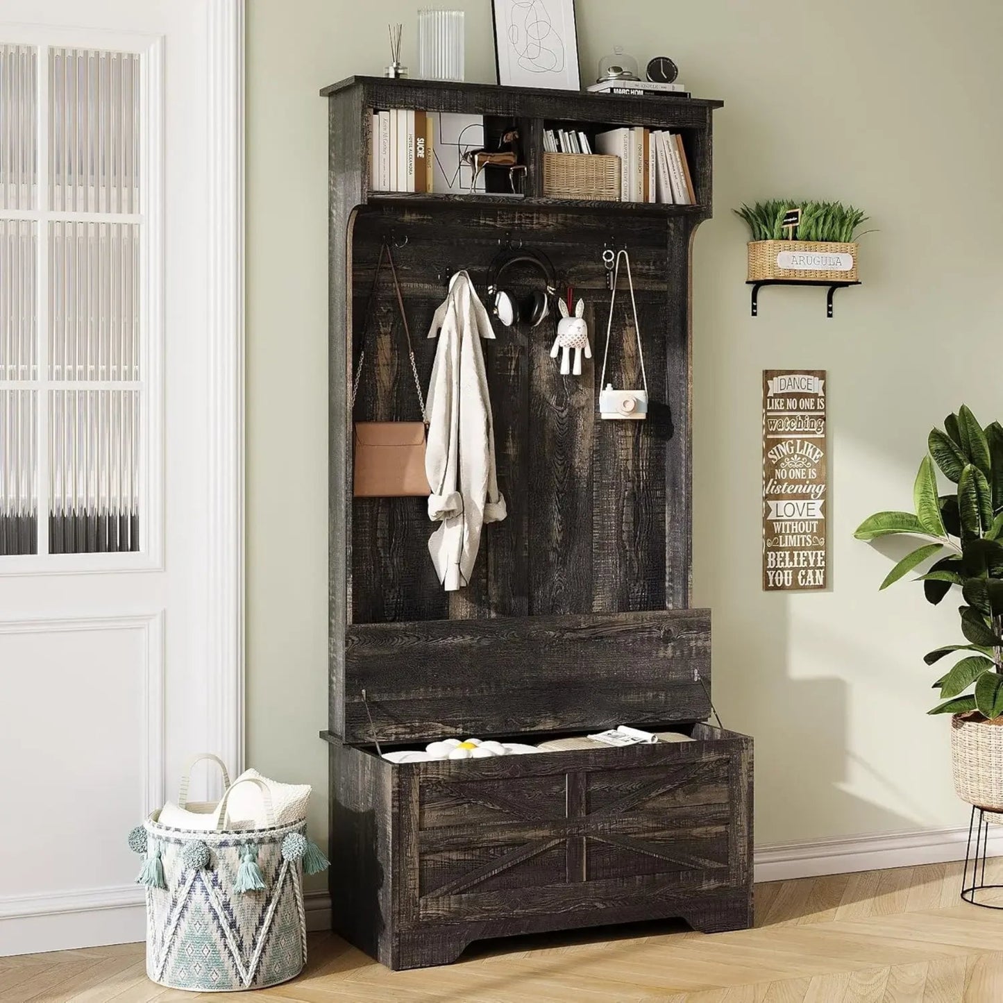 2025New-71" Entryway Small Hall Tree with Bench, 4-in-1 Coat Rack with Flip-top Door Storage Cabinet, Mud Room Bench with Storag