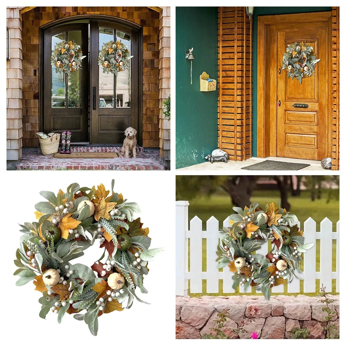 Autumn Wreath Artificial Maple Leaf White Pumpkin Door Wreath Fall Garland For Halloween Thanksgiving Hanging Ornaments