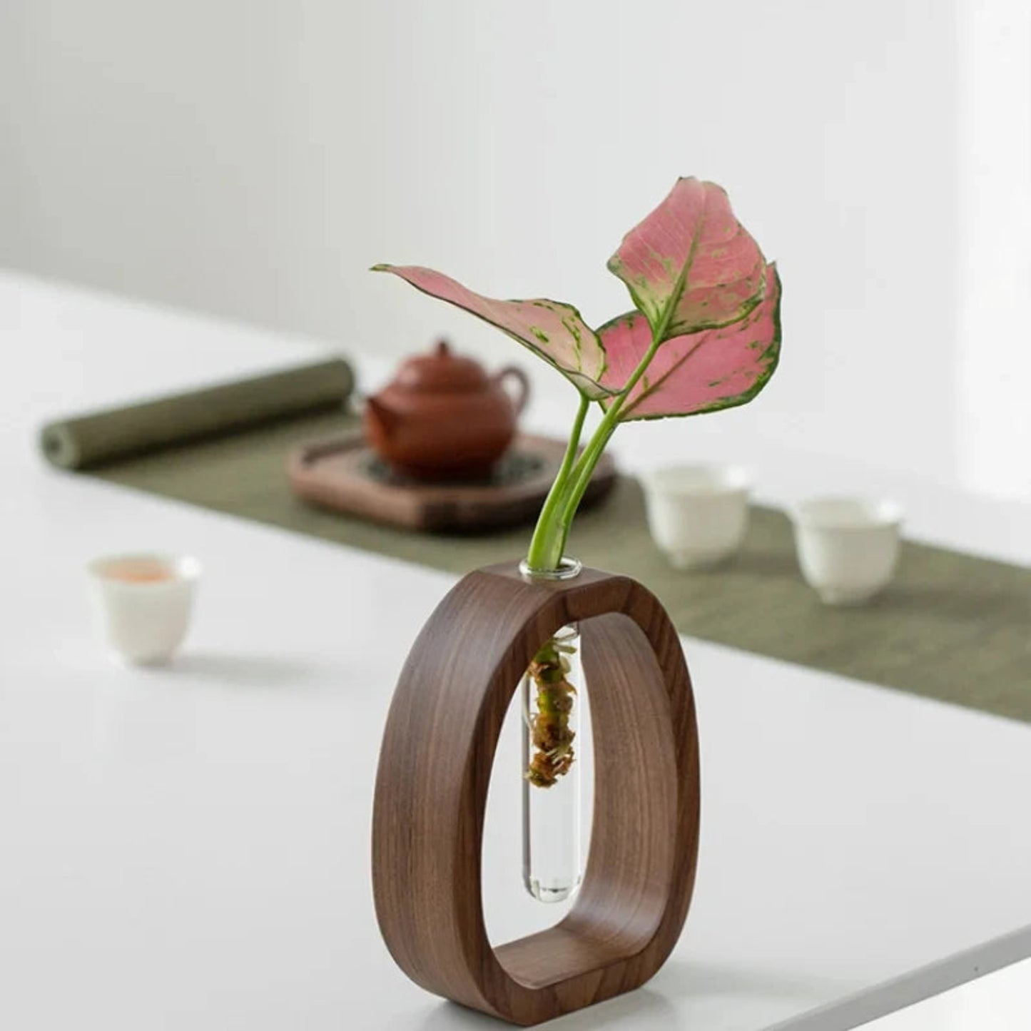 1 Piece Walnut Wooden Flower Vase Simple Glass Plant Vase Mini Aquarium Vase Flower Arrangement Home Decoration