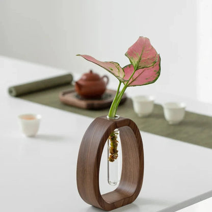1 Piece Walnut Wooden Flower Vase Simple Glass Plant Vase Mini Aquarium Vase Flower Arrangement Home Decoration
