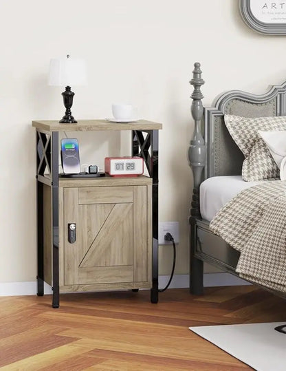 Wooden Nightstand with Charging Station, Bed Side Table with Drawers, Bedside Table with Lock, 3 USB & 2 Outlets, Night Stand