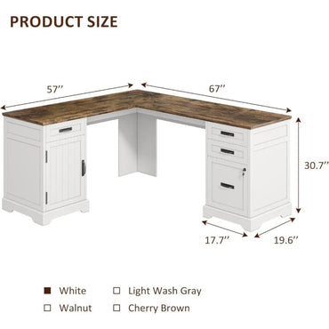 Farmhouse L Shaped Desk with Drawers, 67 Inch Executive Home Office Desk with File Cabinet, Computer Corner Desk with Charging