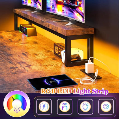 L-Shaped Gaming Desk with LED Lights and Power Outlet, 48 Inch Corner Computer Desk with Drawers, Reversible Office Desk