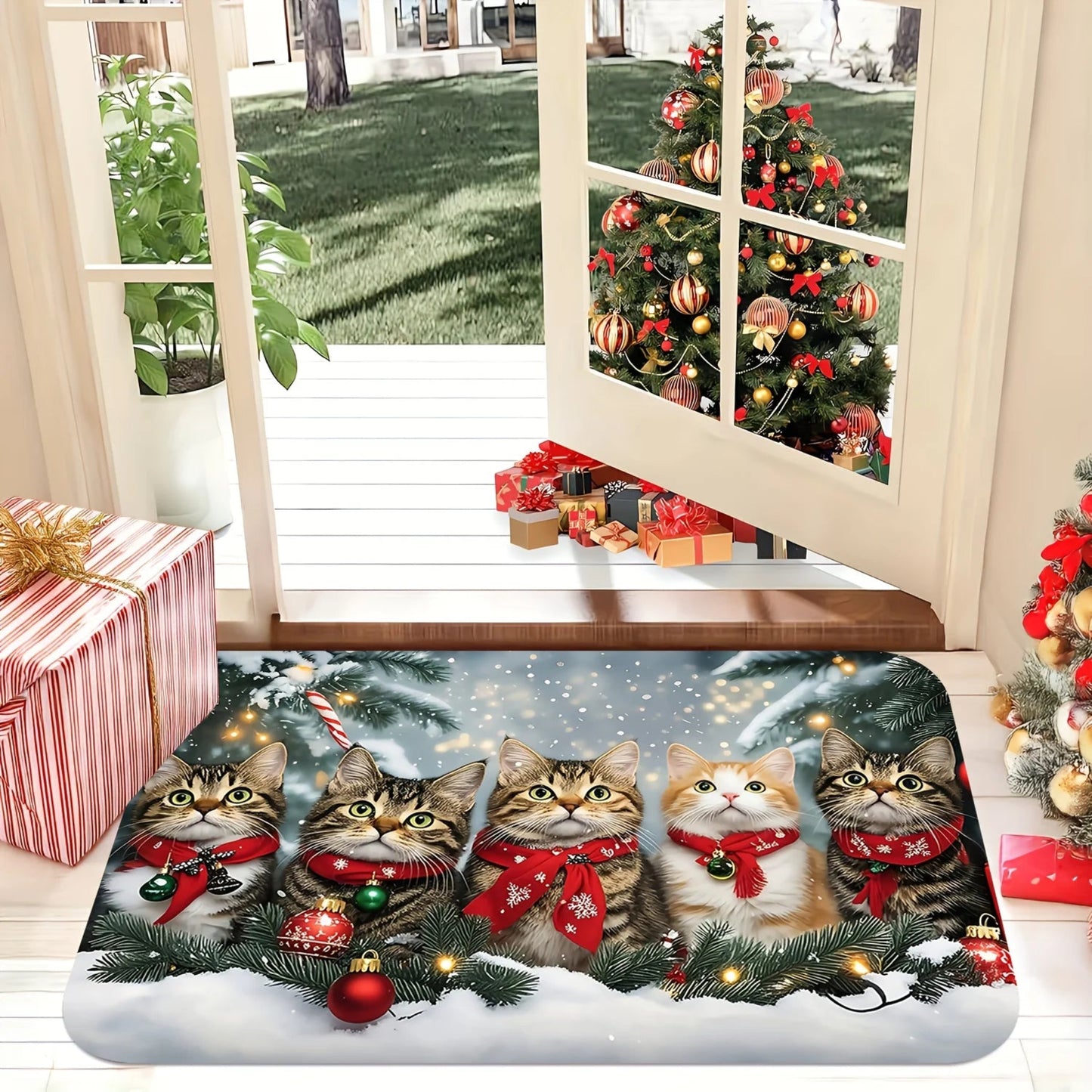 Christmas Cute Cat Rug, Indoor and Outdoor Entrance Carpet, Bathroom Floor Mat, Soft and Water-Resistant Home Decoration
