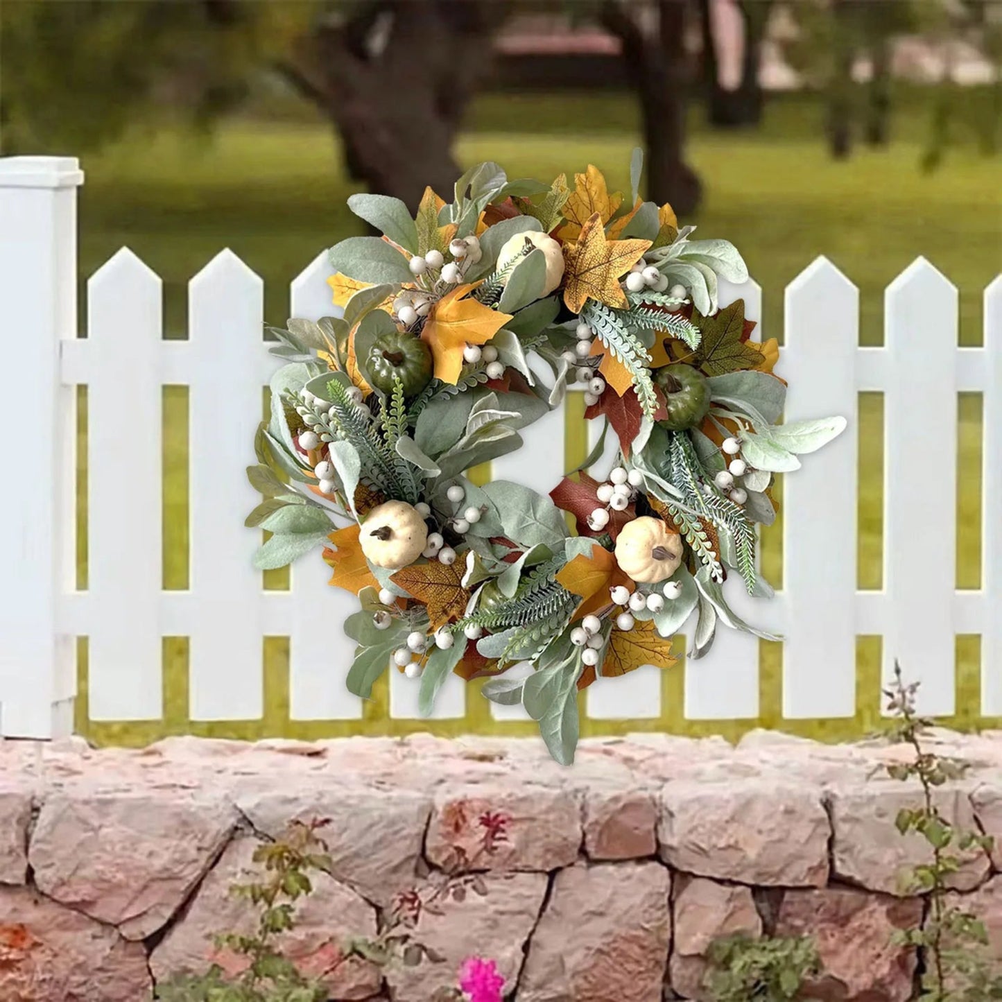 Autumn Wreath Artificial Maple Leaf White Pumpkin Door Wreath Fall Garland For Halloween Thanksgiving Hanging Ornaments