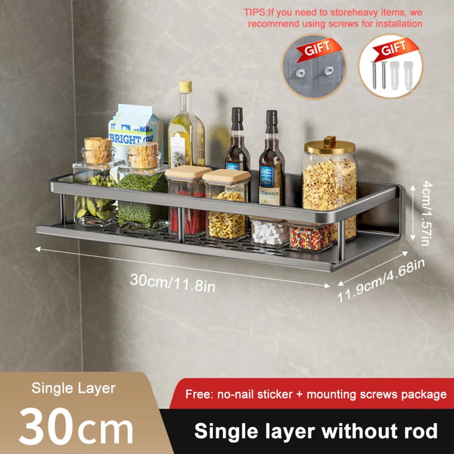 Wall-Mounted Kitchen Spice Rack Organizer Carbon Steel No Drilling 12-20 Inch Seasoning Holder Shelf for Easy Access to Spices