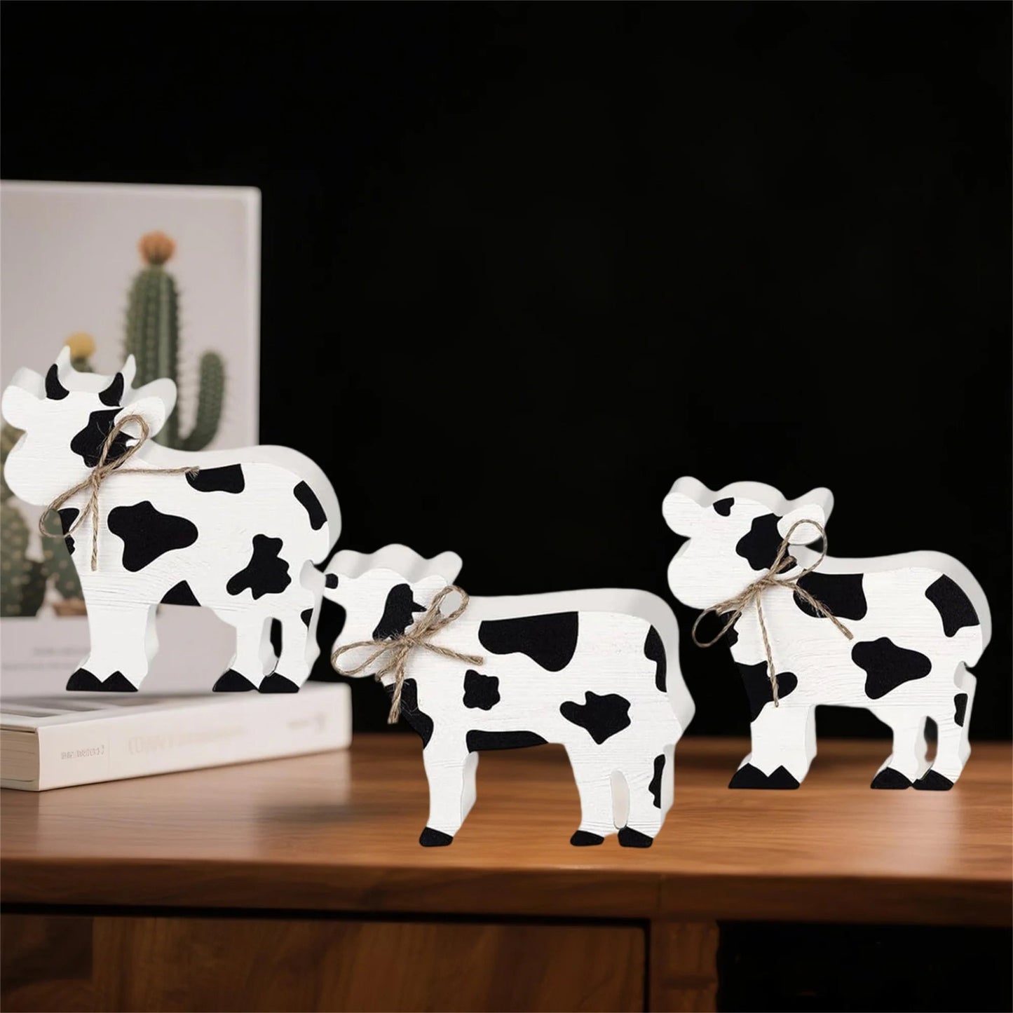 Farmhouse Wooden Cow Figurines Set of 3 Tiered Tray Decorations Rustic Standing Signs for Home Kitchen Living Room Farm Decor