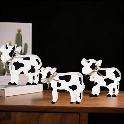 Farmhouse Wooden Cow Figurines Set of 3 Tiered Tray Decorations Rustic Standing Signs for Home Kitchen Living Room Farm Decor